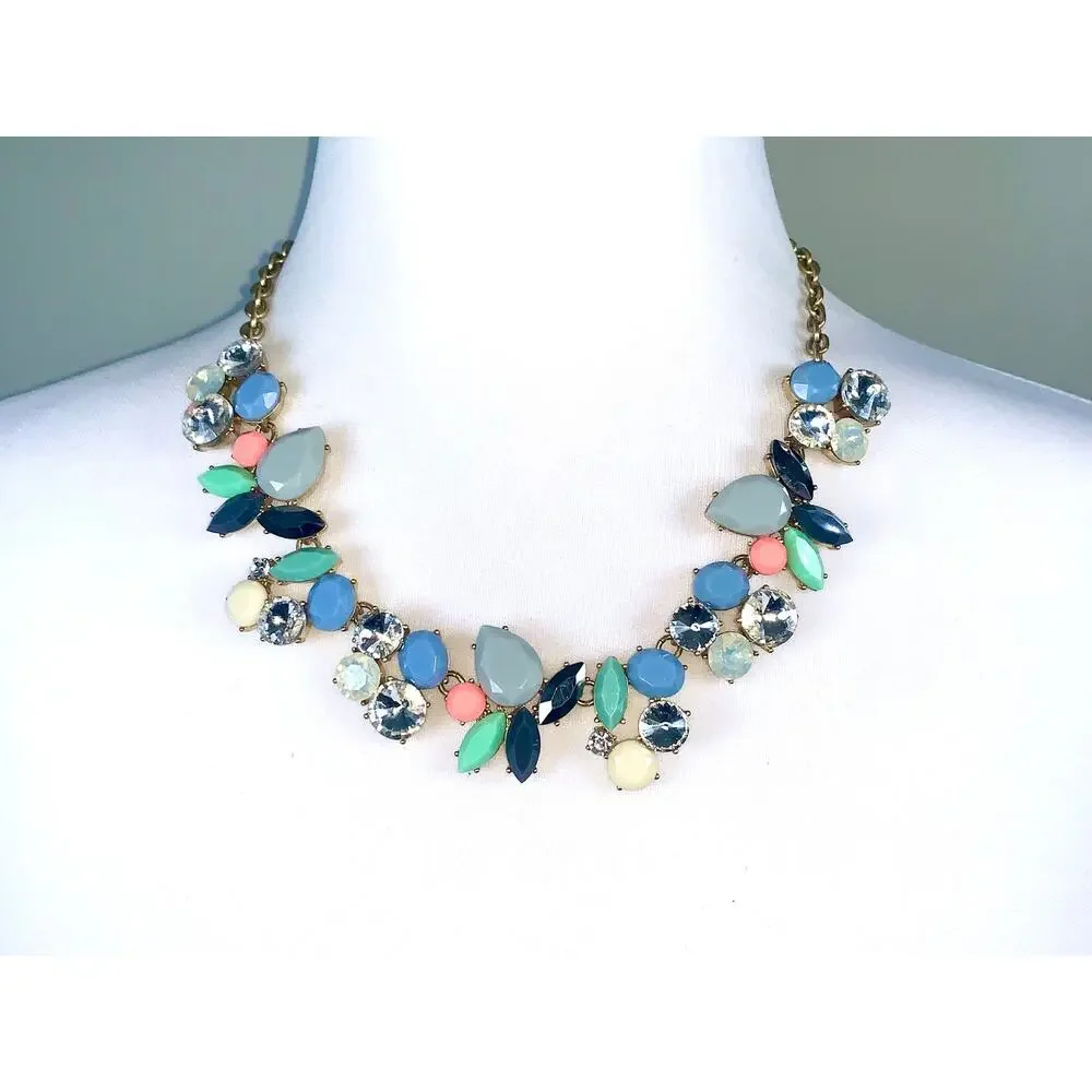 J. Crew Multicolor Pastel Crystal Cluster Party Statement Necklace EUC